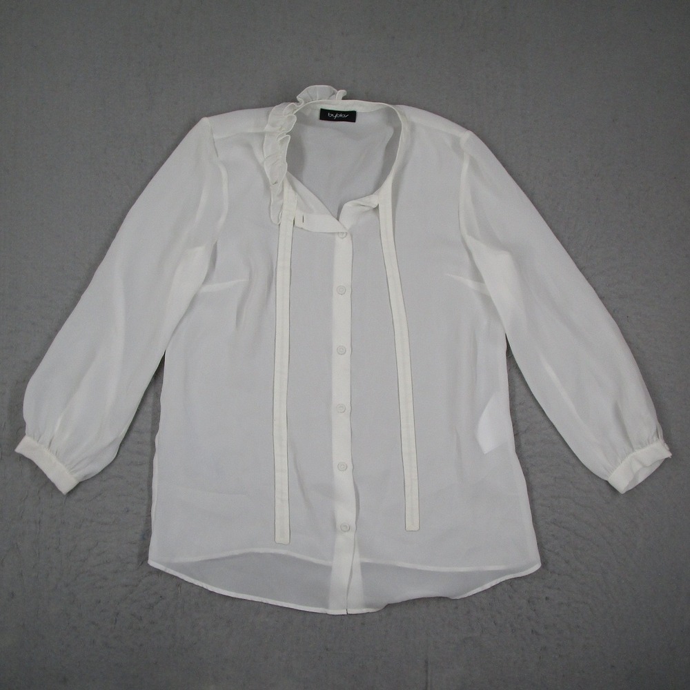 Byblos White Ruffle Neck Button Front Blouse Sheer Long Sleeve Size 8 B0BPD604